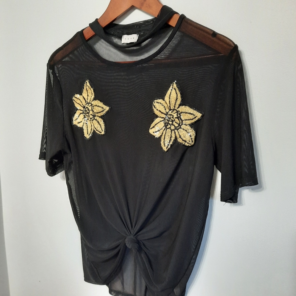 Luxe Black Net Tee with Flower Patches